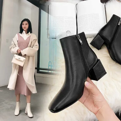 

Leather boots female new 2019 autumn and winter new round head wild high heel women's boots women's winter boots