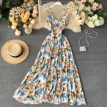 

Beach Women's Seaside Holiday Ins Hot Sexy Backless Cross Printed Dress Lady New Fashion Elegant Vestidos L530