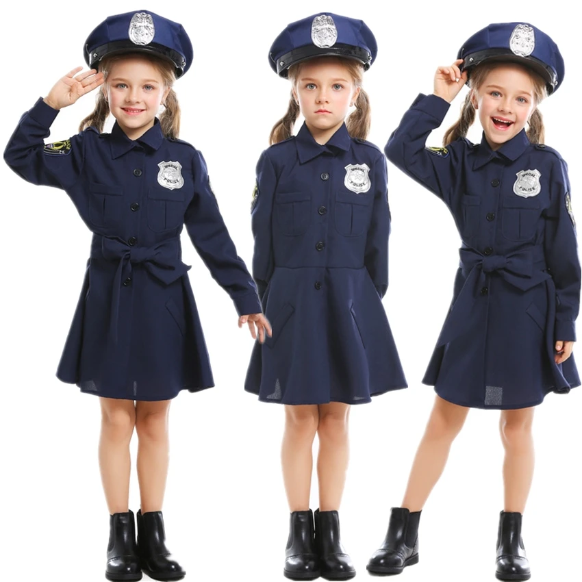 

90-145cm Infant Tiny Cop Fancy Dress for Girl Army Badge Policewomen Carnival Halloween Costume for Kid Disguise Police Uniform