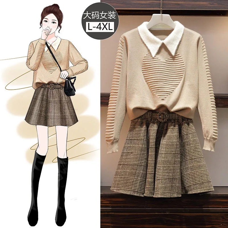 

2020 Spring Clothing Large Size Dress Fat Mm Loose-Fit Slimming Set Western Style Fold-down Collar Sweater Waist Hugging Short S