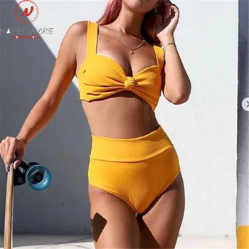 

Women Summer Two Piece Swim Bikini Set Twist Design Sling Sleeveless Backless V-Neck Solid Short Top+Elastic High Waist Briefs