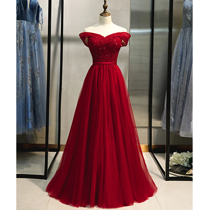 It's Yiya вечернее платье элегантное бордовое вечернее платье трапециевидной формы с открытыми плечами со стразами на шнуровке, торжественное платье, большие размеры E968 - Цвет: burgundy