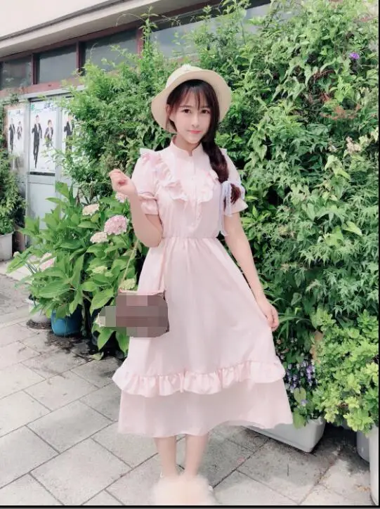 Платье в ретро-стиле летнее светло-розовое платье стиле девушки Мори с коротким