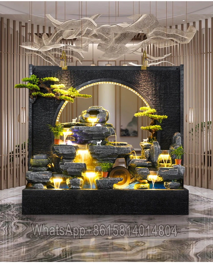 Large stone rockery and water fountain water curtain wall water wall screen courtyard landscape Chinese style falling decoration