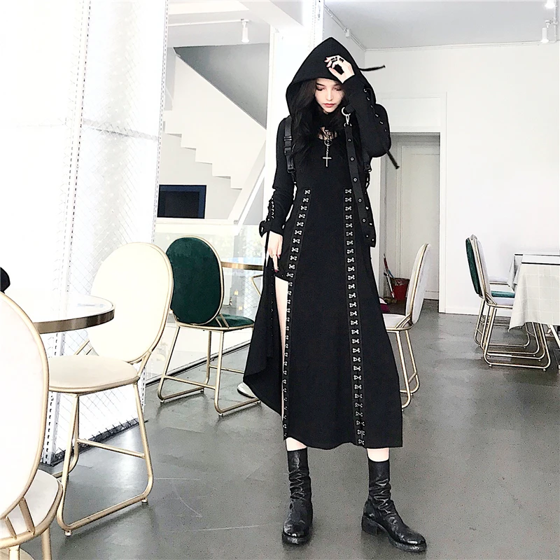 KOSAHIKI Gothic Style Two Piece Set Women 2023 Black Suit Crop Sweatshirt + Sleeveless Tank Dress Female Harajuku Tracksuit
