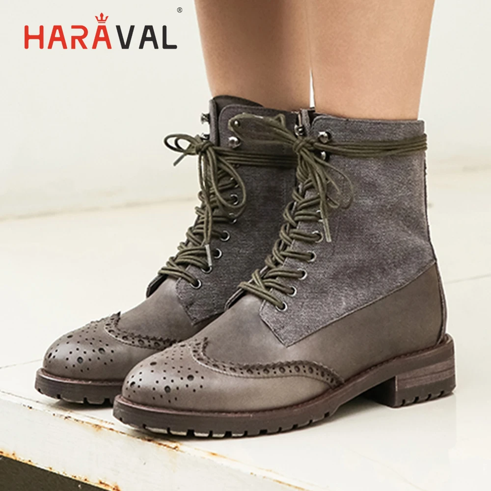 

HARAVAL British Style Woman Ankle Boots Fashion Luxury Genuine Leather Round Toe Thick Heel Shoes Solid Martin Casual Boots B219