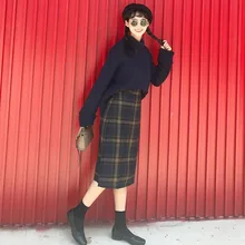 Женская Осенняя юбка Толстая Клетчатая Шерстяная Юбка длинная секция Ретро Высокая юбка с тонкой талией Женская