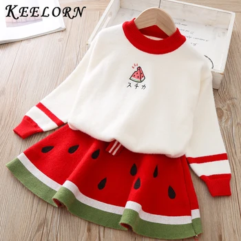 

Keelorn Spring Winter Children's Watermelon Sweater Dress 2pcs Suit Woollen Clothing Set Long Sleeve Kids Girls Cloth Knit Coat