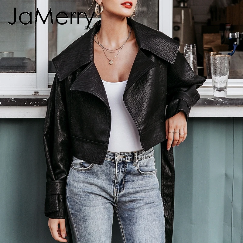 JaMerry, винтажная Женская куртка из искусственной кожи, пальто с галстуком-бабочкой, черная мотоциклетная Женская верхняя одежда, Бандажное пальто, уличная Женская куртка