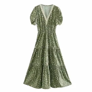 

2020 women lace crochet v neck printing split midi dress ladies pleated puff sleeve vestidos chic vacation style dresses DS3455