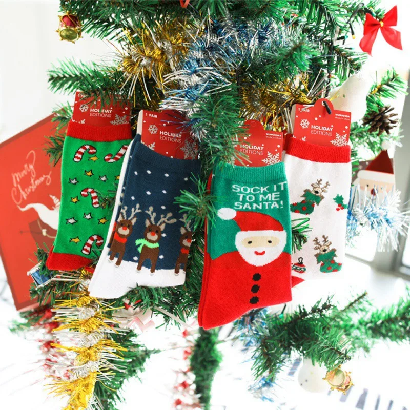 

4 Pairs Christmas Socks Winter Cartoon Printed Socks Middle Tube Socks Christmas Gift Socks For Men Women