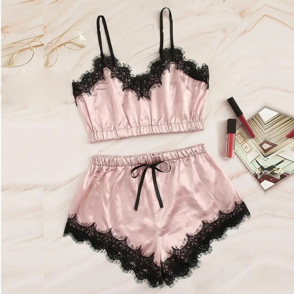 New Women V-Neck Silk Lace Sexy Stain Trim Camisole Pajamas Sleepwear Shorts Set home suit honeymoon nightdress kigurumi B4 | Женская