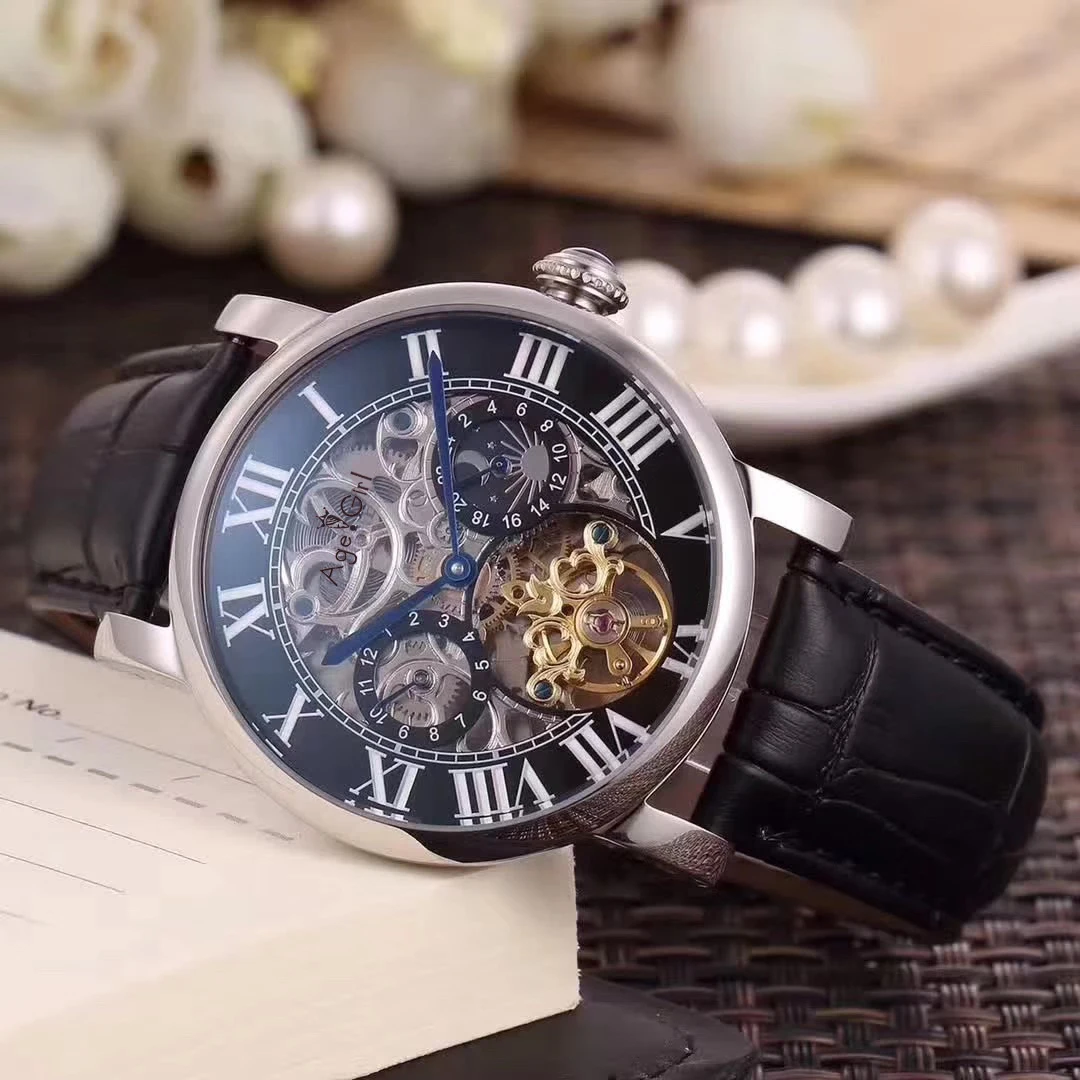 

Famous Brand New Men Automatic Mechanical Watch Silver Diamonds Black Leather Tourbillon Moon Phase Dual Time Skeleton Sapphire