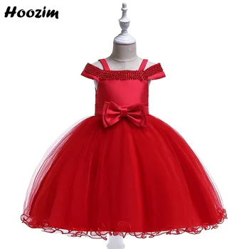 

Expensive Red Pearl Beaded Collar Wedding Dresses Girls 4-11 Age Luxury Cold Sholder Backless Prom And Evening Sling Dress Child