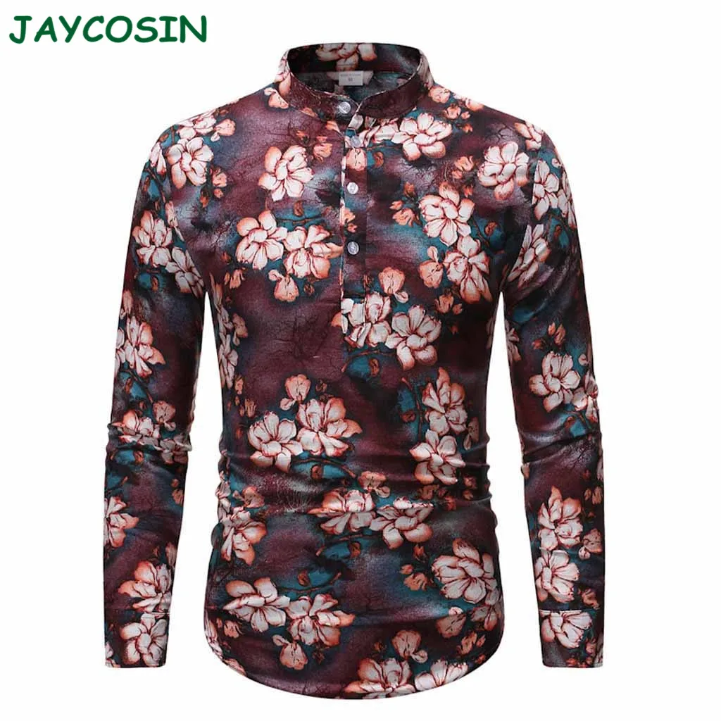 JAYCOSIN, Мужская одежда, осень-зима, рубашка с этническим принтом, Мужская модная повседневная гавайская рубашка с длинным рукавом из хлопка и льна, Homme 1115