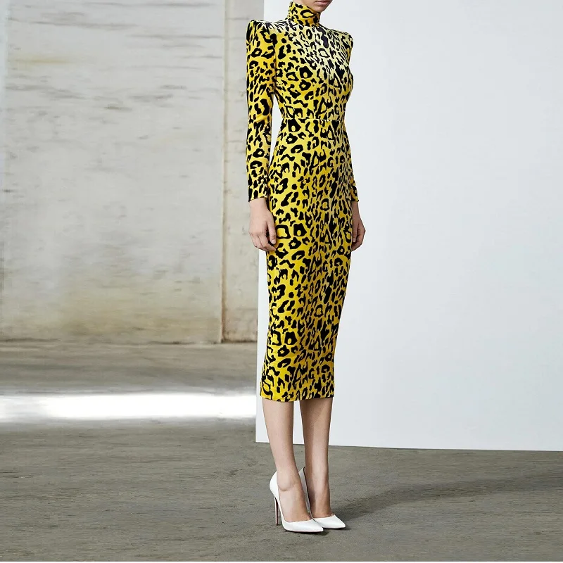 Модное желтое черное леопардовое вельветовое платье миди элегантное облегающее