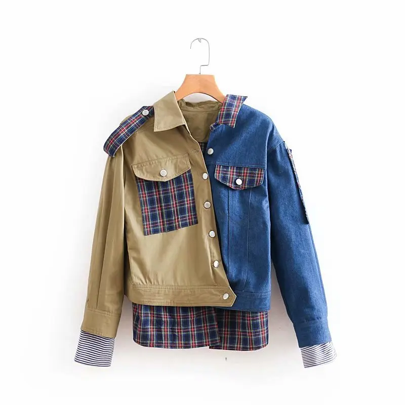 

Rf08 2018 Autumn New Style Cool Design Joint Denim Jacket Fake Two-Piece Short Jacket Women's