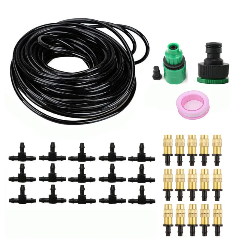 

15m Copper Nozzle Irrigation System Portable Misting Automatic Watering Garden Hose Spray Head With 4/7mm Tee And Connector