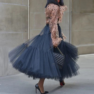 

Fashion 2020 Tulle Skirt Women Maxi Skirts Tiered Puffy Custom Made Ankle Length Long Tulle Streetshoot Skirt Girls Party Wear