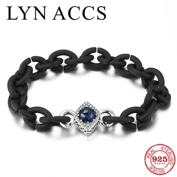 

Minimalism Black Hard Rubber X Bracelets Silver Deep Blue Zircon Charm Bead Womens Chain Bracelets Jewelry 2019