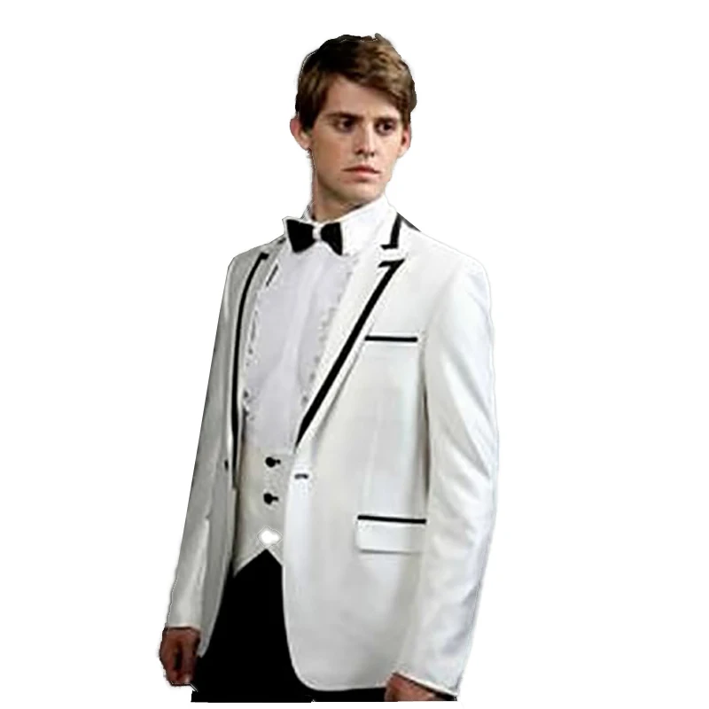 

Индивидуальный заказ для измерения мужской костюм на заказ, белая куртка + черный воротник и карман край + черные брюки, индивидуальные модные смокинги