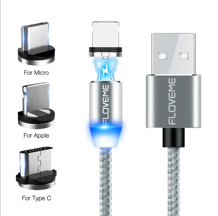 3-в-1 кабель быстрой зарядки Магнитный USB-C кабель светодиодный нейлоновое плетеное зарядное устройство для Iphone Android мобильный телефон 1 м - Цвет: Серебристый