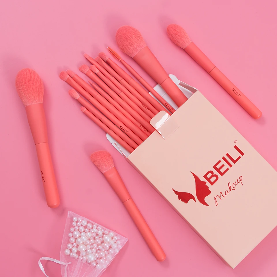 Normal Pink Box BEILI, 15 шт., синтетические кисти для макияжа, набор, коралловый, оранжевый, нано-основа для волос, пудра, растушевка, контур, тени для век, Кисть для макияжа - Handle Color: Normal Pink Box