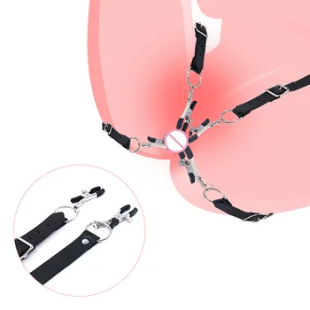 Rubber-tipped Labia Spreader BDSM Bondage Game PU Leather Clitoris Clips Wrap Around Thighs Vagina Stimulator Nipple Pussy Clamp 1