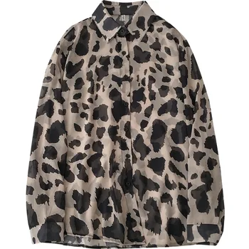 

Vintage Leopard Chiffon Women Shirts Summer New Turn-Down Long-Sleeved Loose Lady Elegant Outwear Tops