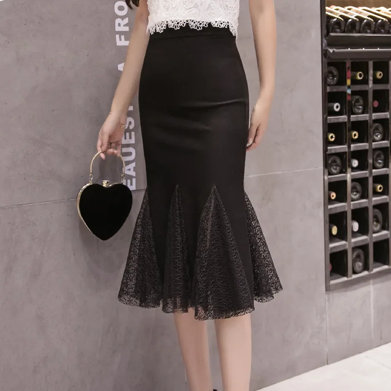 

New Sexy Women Package Hip Midi Skirt Fashion Womens Office Formal Pencil Skirt Female Elegant Lace Patchwork Ruffles Skirt