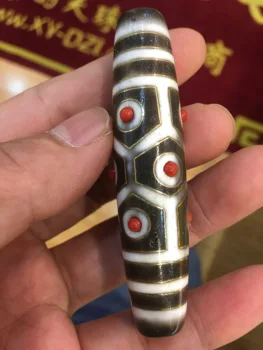 

Magic Power Collectible Treasure Tibetan Old Oily Gold Inlay Red Jade 9 Eye Turtle Shell Longevity Super Long dZi Bead