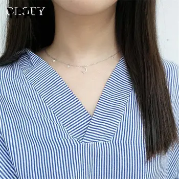 

YPAY Korea Moon Star Necklaces & Pendants for Women Girls Real 925 Sterling Silver Chain Choker Necklaces Fine Jewelry YMN057