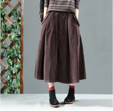 Coffee color Осенне-зимняя юбка Женская Ретро свободная Вельветовая повседневная юбка Новая эластичная талия карман винтажная Женская Однотонная юбка - Цвет: Coffee color