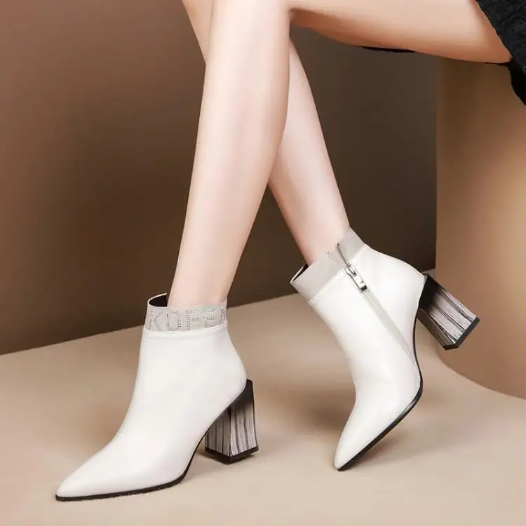 

Documentary shoe leather side zippers pointed high-heeled coarse diamond female short boots head layer cowhide