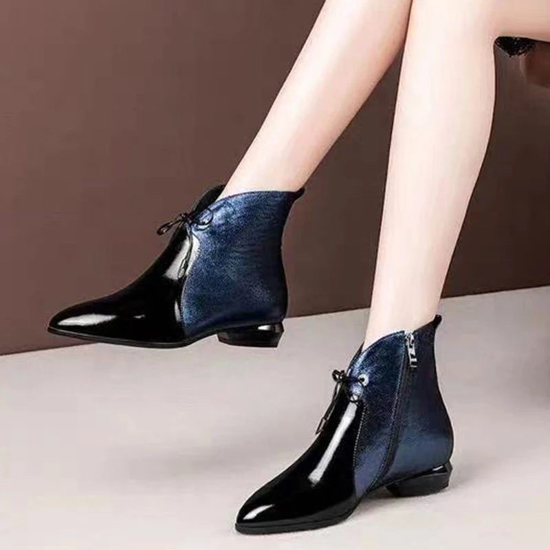 Womens Fashion Casual Pointed Toe Lace Up Ankle Black Boots Low Heel Shoes New