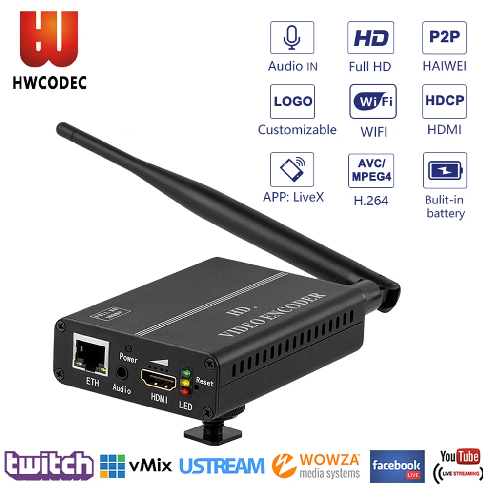 HWCODEC h.264 батарея беспроводной hd видео кодировщик wifi h264 HDMI кодировщик для потокового беспроводного видео передатчик в youtube