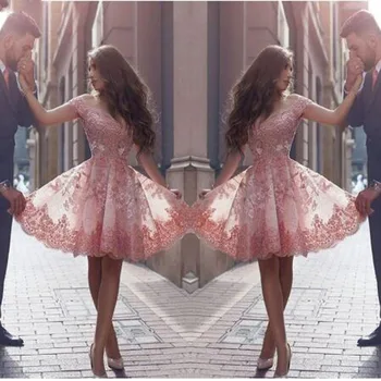 

Pink Lace Appliques Off-shoulder A-line Cocktail Dresses Sleeveless Sweetheart Neck Mini Party Gown октейльное платье