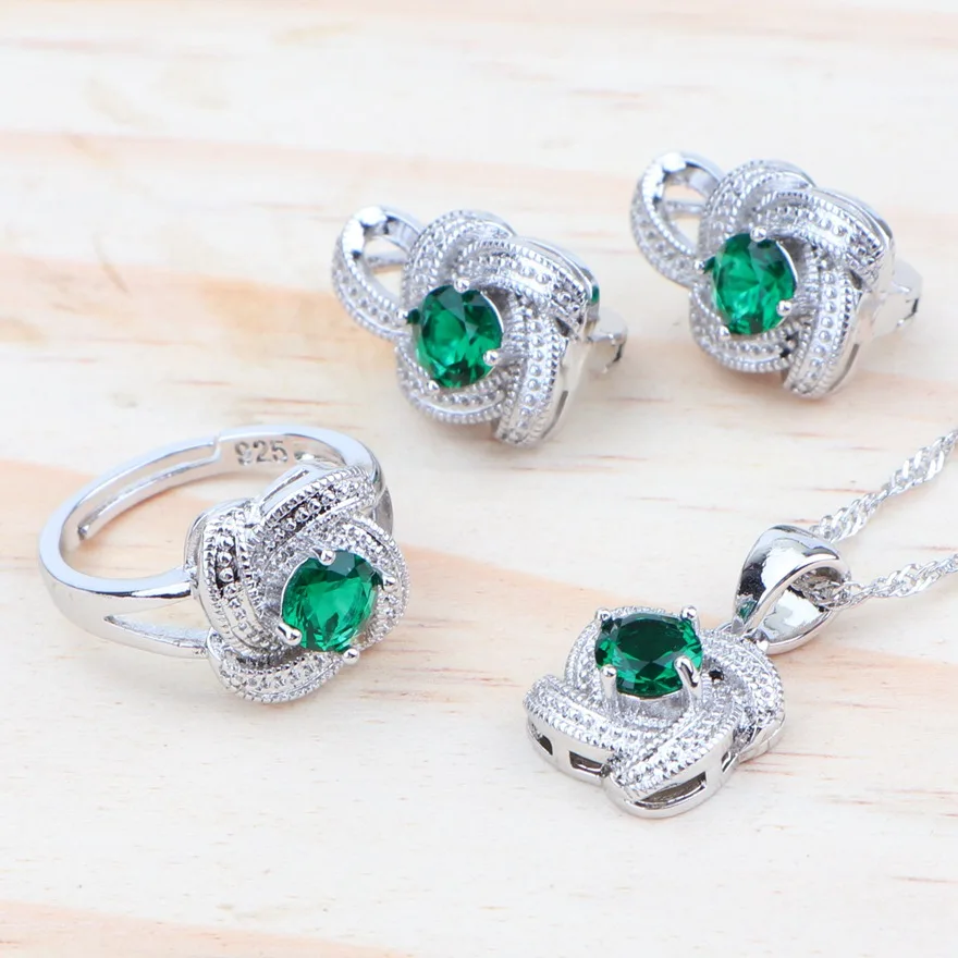 3PCS Green Zirconia Bridal Silver 925 Jewelry Sets Wedding Costume Jewellery For Women Pendant Earrings Ring Bracelet Necklace Set - Окраска металла: 3PCS