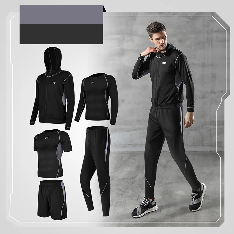 5pcs Men's Workout Clothes Outfit Fitness Apparel Gym Outdoor Running Compression Pants Shirt Top Long Sleeve Jackets WH