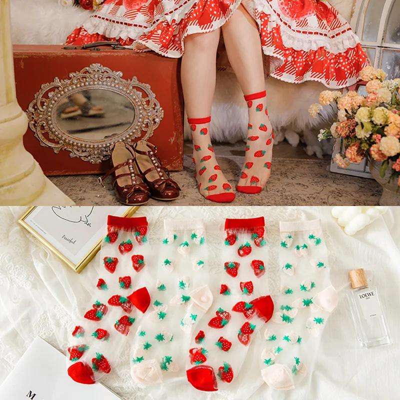 

Cute Ultra-thin Glass Silk Fruit Transparent Funny Socks women Strawberry Mesh Short Socks Harajuku Lolita Skarpety Lace Sokken