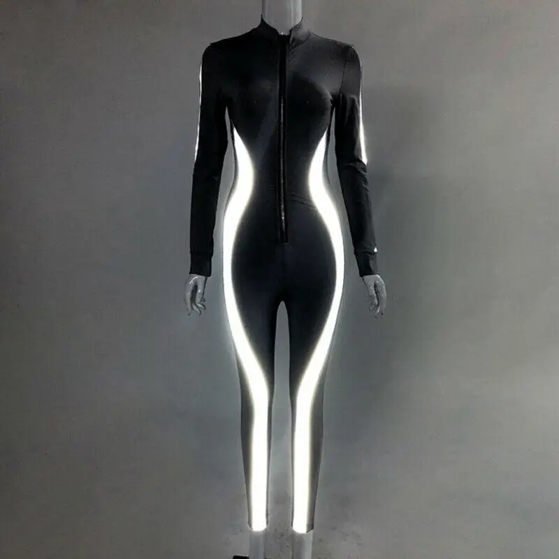 2019 Autumn Women Reflective Striped Jumpsuit Long Sleeve V-Neck Zipper Bodycon Romper Sexy Skinny Ladies Long Pants Jumpsuit