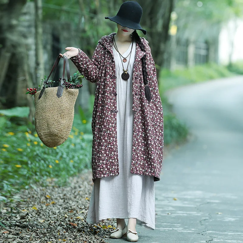 

2019 Winter New Style WOMEN'S Dress Cotton Linen Floral-Print Mid-length Ethnic-Style Brushed And Thick Hooded Frog Cotton Coat
