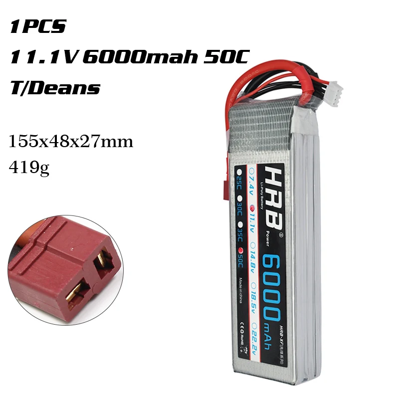 HRB 2S 3S 4S 5S 6S Lipo Батарея 1300 1500 мАч 2200 мАч 2700 мАч 5000 мАч 3300 6000 мА/ч, XT60 T EC5 EC2 7,4 V 11,1 V 14,8 V 22,2 V RC Запчасти - Цвет: 3S 6000mah 50C T