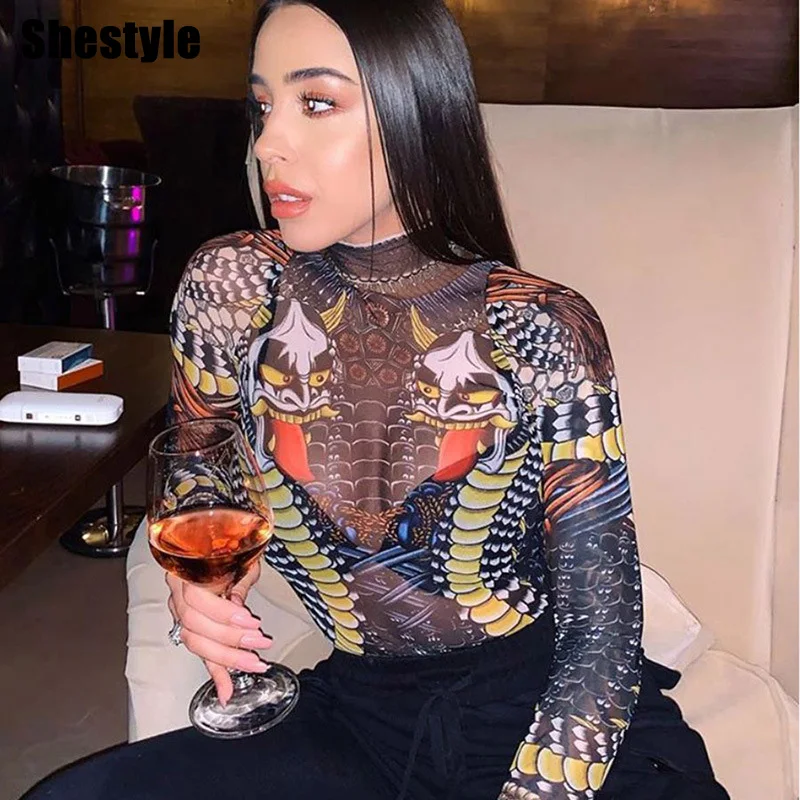 Shestyle Mesh Dragon Print Black Bodysuits Women Sexy Lady Bodycon See Through Transparent Long SLeeve 2020 Drop shipping Body | Женская