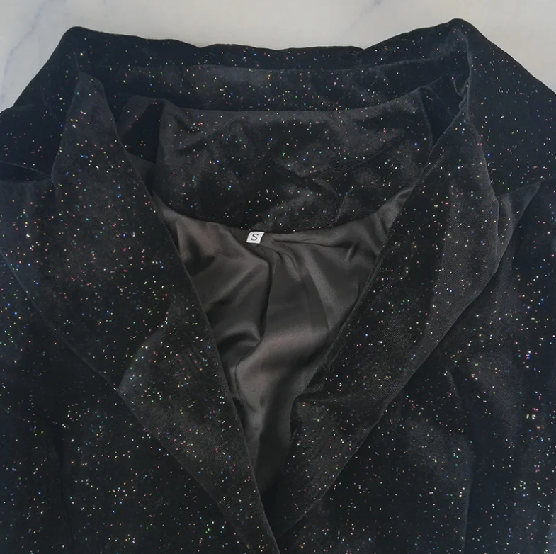 Bright fan velvet Mesh stitching sequins stage costumes Mesh long sleeve Black small suit jacket Temperament Suit Top Women