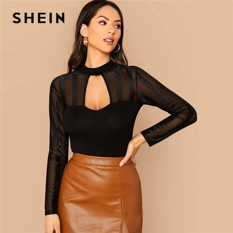 SHEIN черный Peekaboo Передняя прозрачная сетчатая вставка Топ женский весенний Вырез «капля» с длинным рукавом однотонные вечерние сексуальные прозрачные футболки