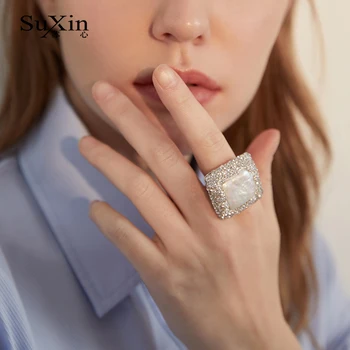 

SuXin 2020 new fashion retro big square zircon adjustable punk hip hop ring for women finger ring jewelry for girlfriend gift