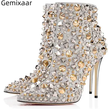 

Luxury Genuine Leather Ankle Boots Women Stiletto Heel Pointed Toe Side Zipper Crystal Rivet Decor Winter Runway Botas Mujer