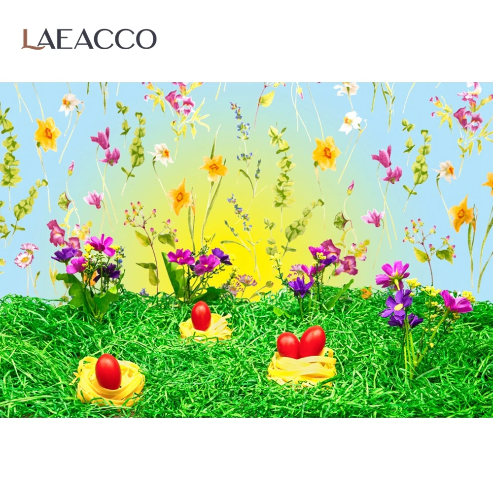 

Laeacco Photo Backdrops For Easter Day Eggs Spring Fairytale Green Grass Flowers Baby Child Photographic Background Photocall