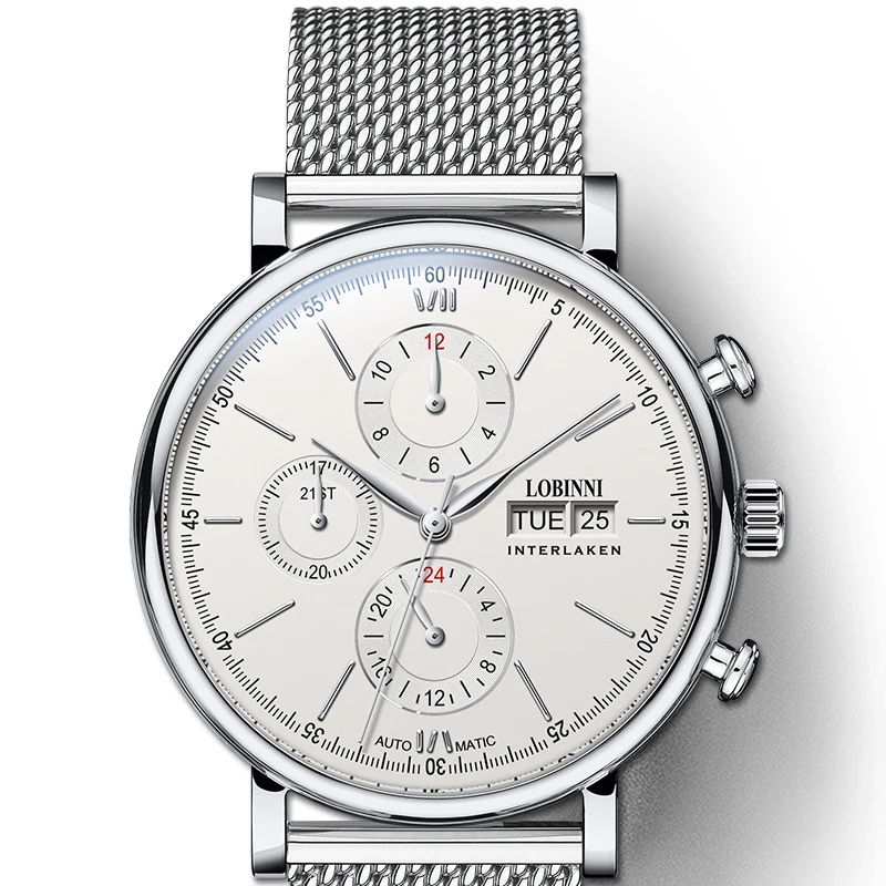 Модный бренд Switzerland LOBINNI мужские часы вечный календарь Авто Механические Мужские часы сапфировый белый montre homme